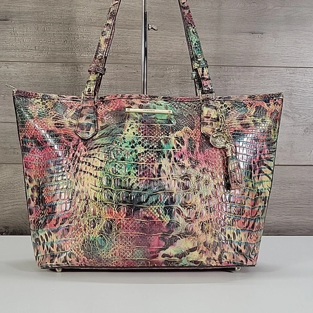 Brahmin Multi-Color Animal Print Croc-Embossed Leather Tote Shoulder Bag - Picture 2 of 16